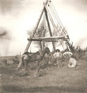 EHS14411 - Stump pulling on the Moore farm, church towers in the background